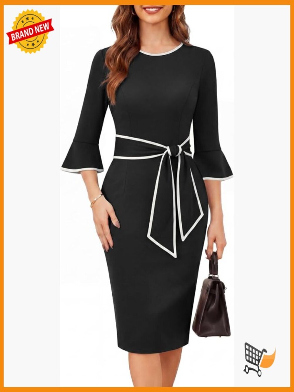 3/4 Sleeve Bodycon Knit Work Dress with Belt and Contrast Trim